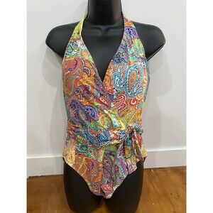Bleu Rod Beattie Size 12 Paisley Colorful Tie Flatter Halter One Piece Swimsuit
